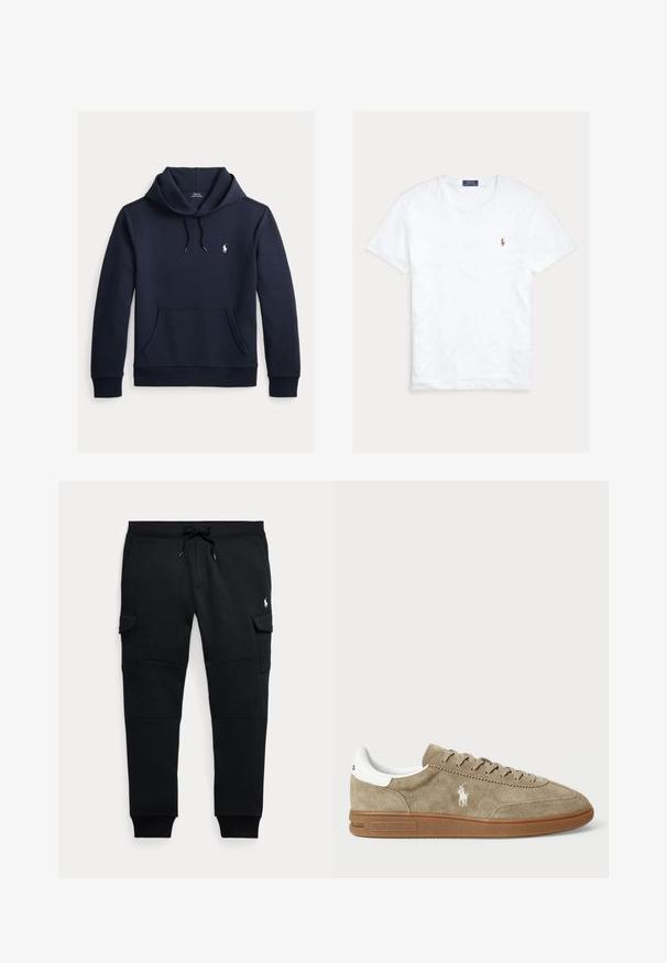 Mørk navyblå hættetrøje med front kangurulomme, snøre i hætten, lange ærmer og lille hvid Polo Ralph Lauren-logo på brystet.; Hvid T-shirt med rund hals og korte ærmer med lille broderet Polo Ralph Lauren-logo på venstre bryst og blå mærkeetiket indvendigt i kraven.; Sorte cargo joggebukser med snøre i taljen, sidelommer med klap, ribkantsmanchetter og lille hvid polo spiller logo på højre lår.; Suedesneakers i tan med hvide detaljer, rund tå og snørebåndsdesign. Har præget logo og gummisål for bedre greb.