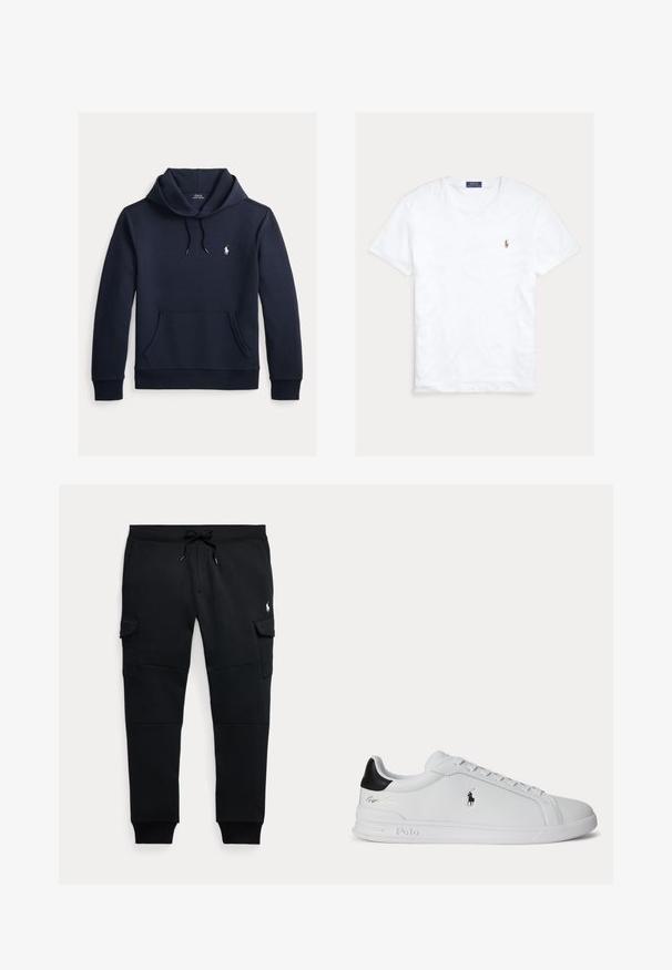 Donker marineblauwe hoodie met voorkangoeroezak, capuchon met trekkoord, lange mouwen en klein wit Polo Ralph Lauren-logo op de borst.; Witte T-shirt met korte mouwen en ronde hals met klein geborduurd Polo Ralph Lauren-logo op de linkerborst en een blauw merklint binnenin de kraag.; Zwarte cargo joggerbroek met trekkoord in de taille, zijzakken met klep, geribde boorden en een klein wit polo speler logo op het rechterdijbeen.; Witte lage sneaker met zwarte hieltab, veters en Polo Ralph Lauren-logo aan de zijkant, met gegraveerde zooldetails.