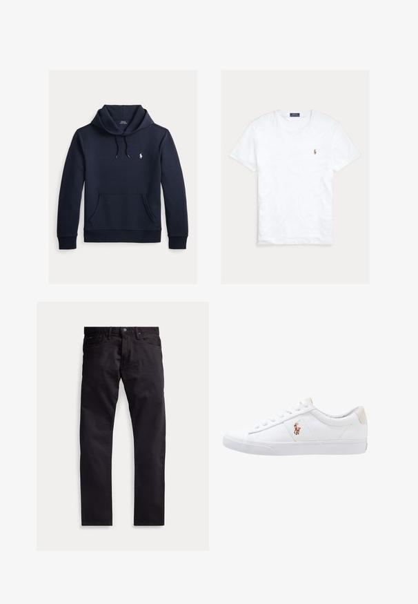 Tmavomodrá mikina s kapucňou so šnúrkou, predným klokanie vreckom, dlhými rukávmi a malým bielym logom Polo Ralph Lauren na hrudi.; Biele tričko s krátkym rukávom a okrúhlym výstrihom, s malým vyšitým logom Polo Ralph Lauren na ľavej strane hrude a modrou značkovou etiketu vo vnútri goliera.; Čierne nohavice s rovnými nohavicami, piatimi vreckami, zapínaním na gombíky a opaskovými pútkami, zobrazené na jednoduchom svetlom pozadí.; Biele plátenné tenisky s nízkym strihom, ktoré majú béžový opasok na päte a malé vyšívané logo na boku. Gumová podrážka.
