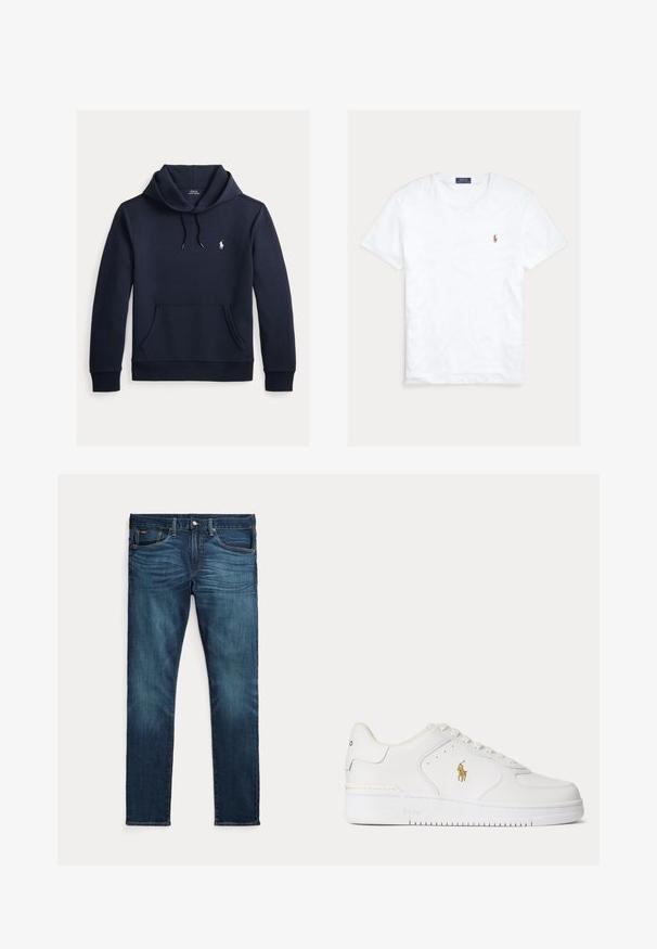 Tmavomodrá mikina s kapucňou so šnúrkou, predným klokanie vreckom, dlhými rukávmi a malým bielym logom Polo Ralph Lauren na hrudi.; Biele tričko s krátkym rukávom a okrúhlym výstrihom, s malým vyšitým logom Polo Ralph Lauren na ľavej strane hrude a modrou značkovou etiketu vo vnútri goliera.; Tmavomodré slim-fit rifle s predným gombíkom a zipsom, piatimi vreckami a jemným blednutím na predných stehnách a kolenách.; Biele kožené nízke tenisky s bielymi šnúrkami a zlatým logom Polo Ralph Lauren na boku a "Polo" vyrazeným na podrážke.