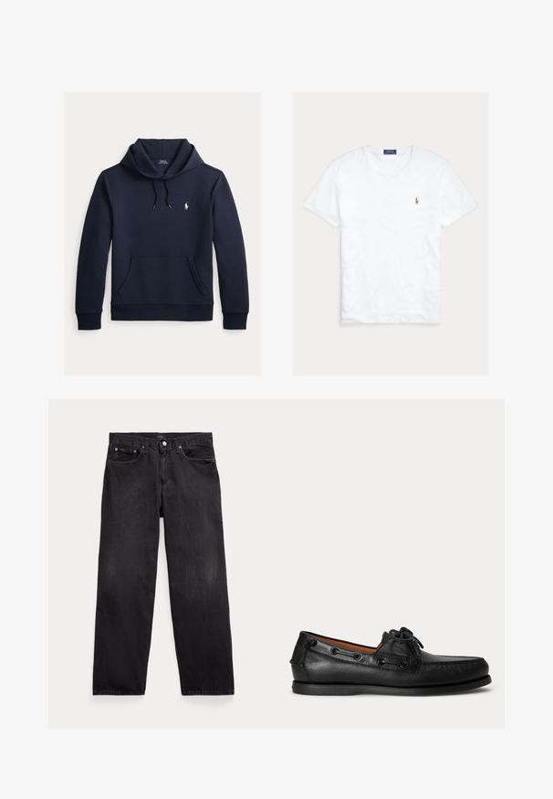 Dunkel marineblauer Kapuzenpullover mit vorderer Kängurutasche, Kapuzenkordel, langen Ärmeln und kleinem weißen Polo Ralph Lauren Logo auf der Brust.; Weißes T-Shirt mit Rundhalsausschnitt und kurzen Ärmeln, mit kleinem gesticktem Polo Ralph Lauren Logo auf der linken Brust und blauem Markenetikett innen am Kragen.; Schwarze Jeans mit geradem Bein, fünf Taschen, Knopfverschluss und sichtbaren Metallnieten an den vorderen Taschen.; Schwarzer Ledermokassin mit Schnürdetail und flacher Gummisohle, seitlich auf hellem Hintergrund gezeigt.