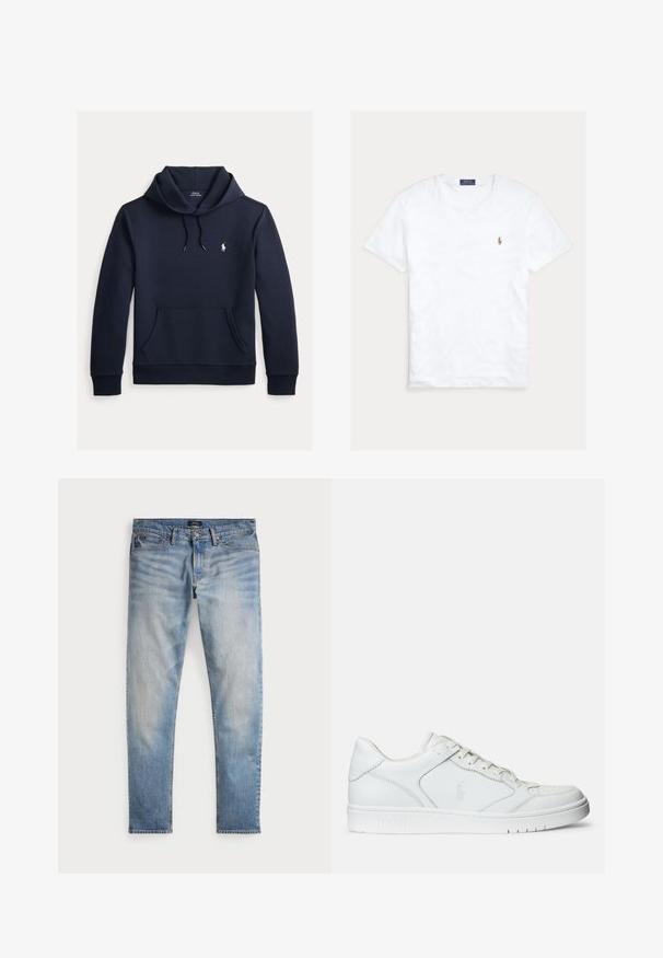 Mørk navyblå hættetrøje med front kangurulomme, snøre i hætten, lange ærmer og lille hvid Polo Ralph Lauren-logo på brystet.; Hvid T-shirt med rund hals og korte ærmer med lille broderet Polo Ralph Lauren-logo på venstre bryst og blå mærkeetiket indvendigt i kraven.; Lys blå denimjeans med en falmet finish, fem-lomme design og kontraststing. Har lynlås og bæltesløjfer. Lige pasform.; Hvide lædersneakers med en glat tekstur, der har en perforeret tå, snørebåndslukning og broderet logo på siden. Hvid gummisål.