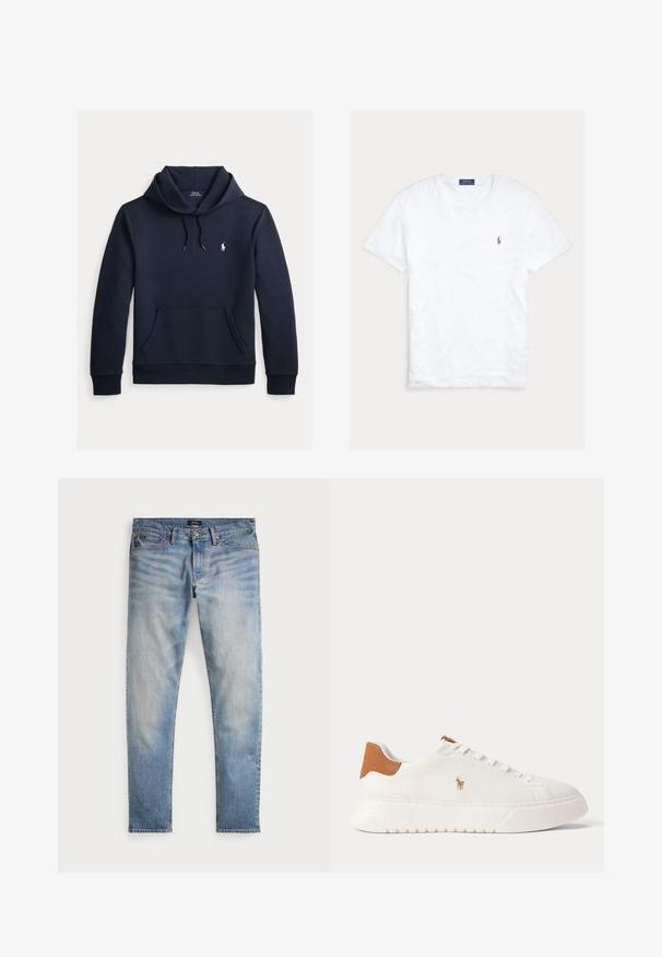 Dunkel marineblauer Kapuzenpullover mit vorderer Kängurutasche, Kapuzenkordel, langen Ärmeln und kleinem weißen Polo Ralph Lauren Logo auf der Brust.; Weißes T-Shirt mit Rundhalsausschnitt und kurzen Ärmeln, mit kleinem gesticktem Polo Ralph Lauren Logo auf der linken Brust und blauem Markenetikett innen am Kragen.; Helle blaue Denim-Jeans mit einem ausgewaschenen Finish, Fünf-Taschen-Design und kontrastierenden Nähten. Mit Reißverschluss und Gürtelschlaufen. Gerade geschnitten.; Weißer Sneaker mit niedrigem Schaft, beige Fersenlasche, weißen Schnürsenkeln und kleinem, besticktem Polospieler-Logo an der Seite über einer dicken Sohle.