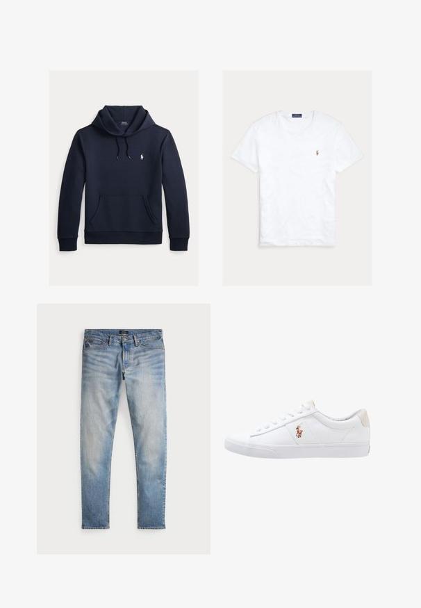 Tmavomodrá mikina s kapucňou so šnúrkou, predným klokanie vreckom, dlhými rukávmi a malým bielym logom Polo Ralph Lauren na hrudi.; Biele tričko s krátkym rukávom a okrúhlym výstrihom, s malým vyšitým logom Polo Ralph Lauren na ľavej strane hrude a modrou značkovou etiketu vo vnútri goliera.; Svetlomodré denimové nohavice s bledým povrchom, dizajnom na päť vreciek a kontrastným prešívaním. Obsahujú zips a pútka na opasok. Rovný strih.; Biele plátenné tenisky s nízkym strihom, ktoré majú béžový opasok na päte a malé vyšívané logo na boku. Gumová podrážka.