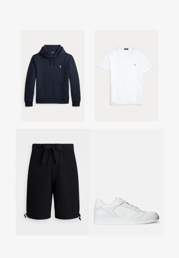 Dunkel marineblauer Kapuzenpullover mit vorderer Kängurutasche, Kapuzenkordel, langen Ärmeln und kleinem weißen Polo Ralph Lauren Logo auf der Brust.; Weißes T-Shirt mit Rundhalsausschnitt und kurzen Ärmeln, mit kleinem gesticktem Polo Ralph Lauren Logo auf der linken Brust und blauem Markenetikett innen am Kragen.; Schwarze Badehose aus leichtem Stoff, mit einem Kordelzug an der Taille und verstellbaren Toggle-Details an den Säumen.; Weißer Ledersneaker mit glatter Textur, ausgestattet mit einer perforierten Zehenpartie, Schnürverschluss und gesticktem Logo an der Seite. Weiße Gummisohle.