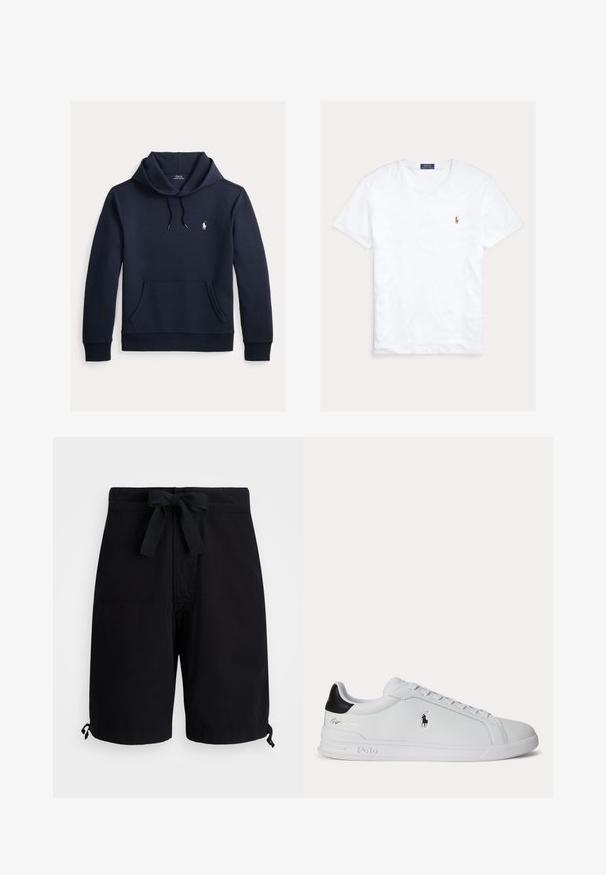 Dunkel marineblauer Kapuzenpullover mit vorderer Kängurutasche, Kapuzenkordel, langen Ärmeln und kleinem weißen Polo Ralph Lauren Logo auf der Brust.; Weißes T-Shirt mit Rundhalsausschnitt und kurzen Ärmeln, mit kleinem gesticktem Polo Ralph Lauren Logo auf der linken Brust und blauem Markenetikett innen am Kragen.; Schwarze Badehose aus leichtem Stoff, mit einem Kordelzug an der Taille und verstellbaren Toggle-Details an den Säumen.; Weißer Sneaker mit niedrigem Schaft, schwarzem Fersenlasche, Schnürsenkeln und Polo Ralph Lauren Logo an der Seite, mit geprägten Sohlen-Details.
