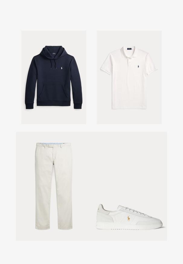 Dunkel marineblauer Kapuzenpullover mit vorderer Kängurutasche, Kapuzenkordel, langen Ärmeln und kleinem weißen Polo Ralph Lauren Logo auf der Brust.; Weißes Polo Ralph Lauren Kurzarmhemd mit Kragen, Zweiknopfleiste und kleinem dunkelblau besticktem Pferdelogo auf der linken Brust.; Cremefarbene gerade geschnittene Hosen mit Gürtelschlaufen und verdecktem vorne liegenden Verschluss auf einfarbigem Hintergrund.; Weißer Sneaker in niedriger Ausführung mit Schnürdesign, goldenem Polo Ralph Lauren Logo an der Seite und strukturierter Sohle auf einfarbigem Hintergrund.