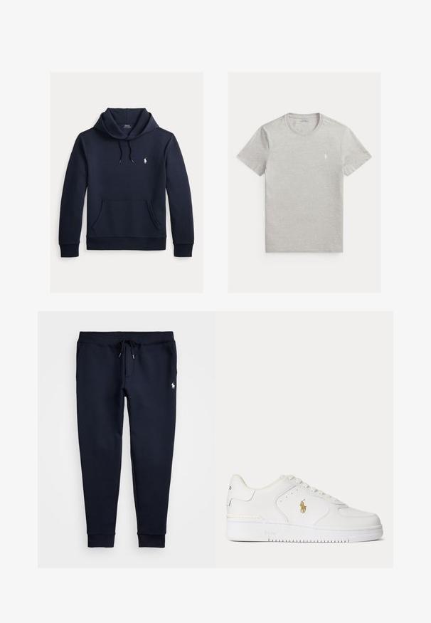 Dunkel marineblauer Kapuzenpullover mit vorderer Kängurutasche, Kapuzenkordel, langen Ärmeln und kleinem weißen Polo Ralph Lauren Logo auf der Brust.; Hellgraues T-Shirt mit kurzen Ärmeln und Rundhalsausschnitt mit kleinem weißem Polo Ralph Lauren Pferdelogo auf der linken Brust.; Navyblaue Jogginghose mit einem Kordelzugbund, elastischen Bündchen und einem kleinen weißen Logo auf dem oberen linken Bein. Weicher Stoff.; Weißer Leder-Sneaker mit niedrigem Schnitt, weißen Schnürsenkeln und einem goldfarbenen Polo Ralph Lauren-Logo an der Seite sowie "Polo" auf der Sohle geprägt.