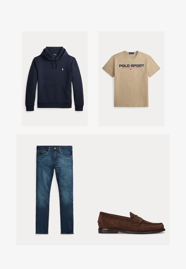 Tmavomodrá mikina s kapucňou so šnúrkou, predným klokanie vreckom, dlhými rukávmi a malým bielym logom Polo Ralph Lauren na hrudi.; Béžové bavlnené tričko s krátkymi rukávmi, s nápisom „POLO SPORT“ a „RALPH LAUREN“ v námorníckej modrej a červenej farbe a malým motívom americkej vlajky.; Tmavomodré slim-fit rifle s predným gombíkom a zipsom, piatimi vreckami a jemným blednutím na predných stehnách a kolenách.; Hnedý semišový penny loafer s nízkym opätkom a viditeľným prešitím pozdĺž špičky, bokov a zadnej časti, zobrazený na jednolivom svetlom pozadí.