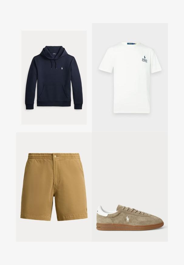 Dunkel marineblauer Kapuzenpullover mit vorderer Kängurutasche, Kapuzenkordel, langen Ärmeln und kleinem weißen Polo Ralph Lauren Logo auf der Brust.; Weißes Baumwoll-T-Shirt mit Rundhalsausschnitt, kurzen Ärmeln und einem blauen "POLO Ralph Lauren"-Logo auf der linken Brust.; Helle Herren-Shorts mit elastischem Bund und Knopfverschluss, schlichtes Design, mittellange Oberschenkellänge, aus glattem Stoff hergestellt.; Wildledersneaker in Beige mit weißen Akzenten, runder Zehenform und Schnürdesign. Mit eingeprägtem Logo und Gummisohle für besseren Halt.