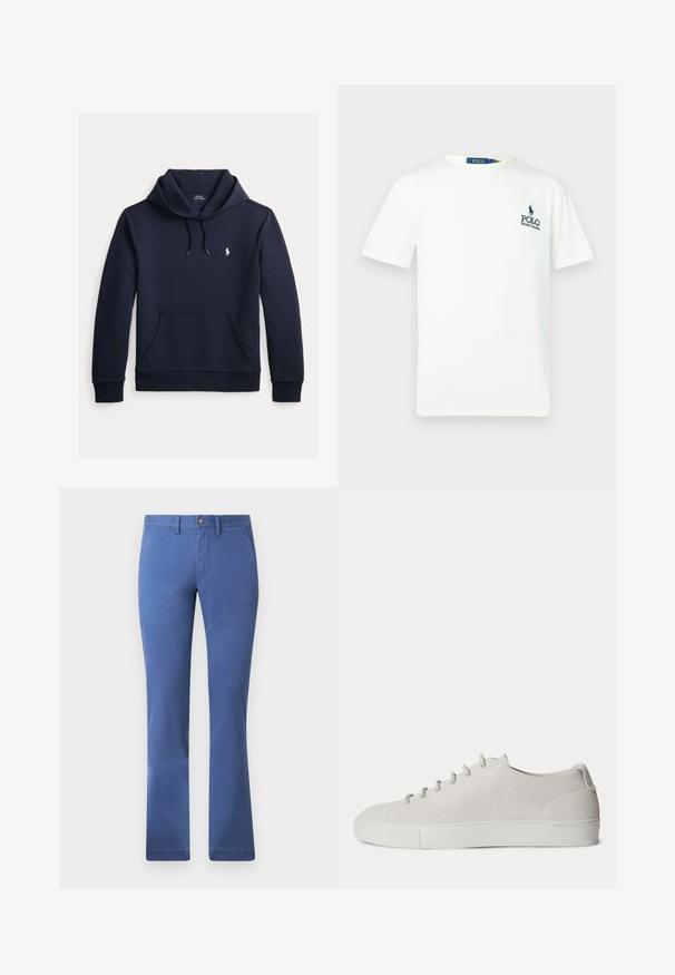 Tmavomodrá mikina s kapucňou so šnúrkou, predným klokanie vreckom, dlhými rukávmi a malým bielym logom Polo Ralph Lauren na hrudi.; Biele bavlnené tričko s okrúhlym výstrihom, krátkymi rukávmi a modrým logom "POLO Ralph Lauren" na ľavej hrudi.; Modré nohavice z bavlnenej zmesi so strihom rovného nohavice, zapínaním na gombík, funkčnými vreckami a hladkou textúrou. Jednoduchý a univerzálny štýl.; Biely nízky semišový teniska so šnurovaním vpredu a gumovou podrážkou, minimalistický dizajn.