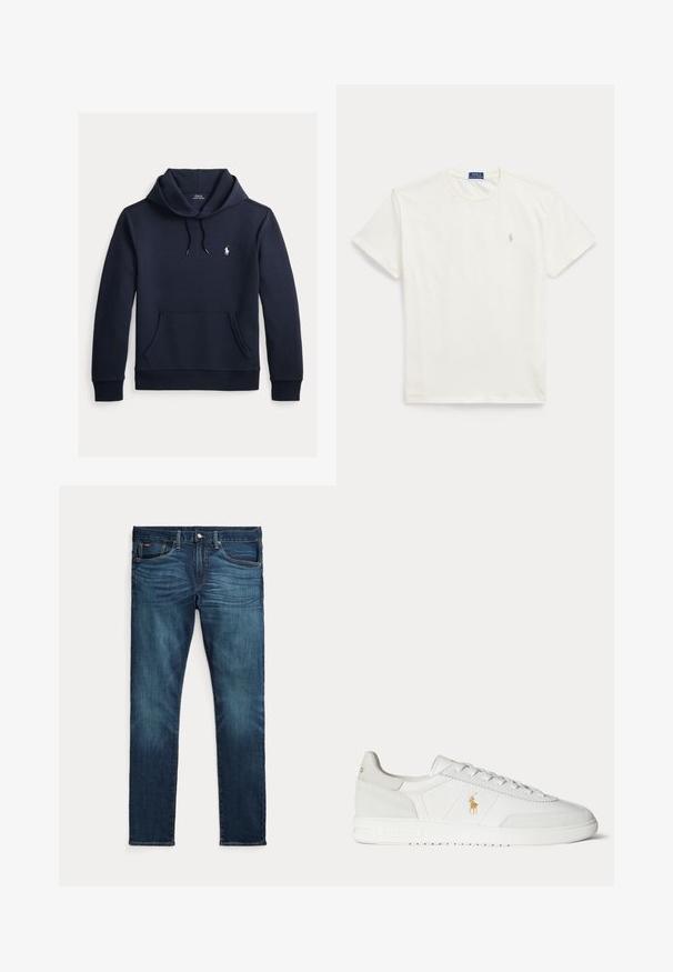 Tummansininen huppari, jossa on edessä kengurutasku, kiristysnauha hupussa, pitkät hihat ja pieni valkoinen Polo Ralph Lauren -logo rinnassa.; Valkoinen lyhythihainen pyöreäkauluksinen T-paita, jossa on pieni vaaleanbeige Polo Ralph Lauren -logo vasemmassa rinnassa.; Tummansiniset slim-fit-farkut, joissa edessä nappi ja vetoketju, viisi taskua ja hillitty haalistuma edessä reisissä ja polvissa.; Valkoinen matala kenkäinen tennari nyörityksellä, kultainen Polo Ralph Lauren -logo sivulla ja kuvioitu pohja tasaisella taustalla.