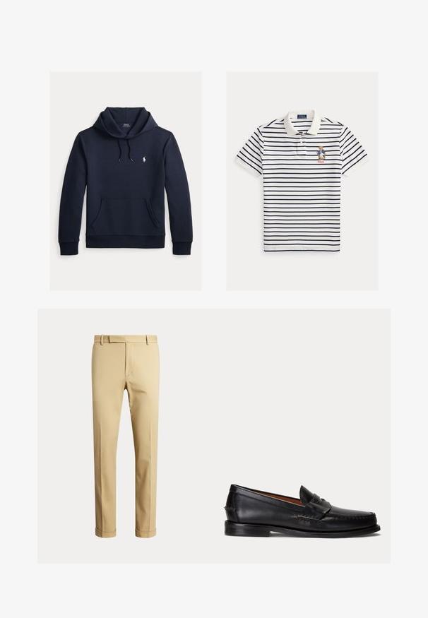 Tmavomodrá mikina s kapucňou so šnúrkou, predným klokanie vreckom, dlhými rukávmi a malým bielym logom Polo Ralph Lauren na hrudi.; Biele polokošeľa s tmavomodrými horizontálnymi pruhmi, vyšívaný medveď v blejzri na ľavej strane hrude a text „POLO“ pod medveďom.; Pánske béžové nohavice na mieru s pútkami na opasok a manžetami, zobrazené na jednoduchom svetlom pozadí.; Čierny kožený mokasín s nízkym podpätkom a detailom s penny remienkom, zobrazený z boku na svetlosivom pozadí.