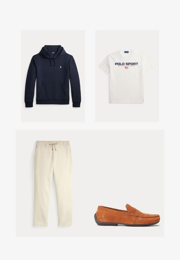 Mørk navyblå hættetrøje med front kangurulomme, snøre i hætten, lange ærmer og lille hvid Polo Ralph Lauren-logo på brystet.; Hvid bomuld t-shirt med "POLO SPORT" i marineblå og "RALPH LAUREN" i rød. Indeholder en lille grafik af det amerikanske flag. Korte ærmer, rund hals.; Off-white afslappede bukser med elastisk talje og snor, lige ben og sidelommer mod en ensfarvet baggrund.; Brun herre loafer i ruskind med syningdetaljer, en penny-lomme på overdelen og en mørk gummisål.