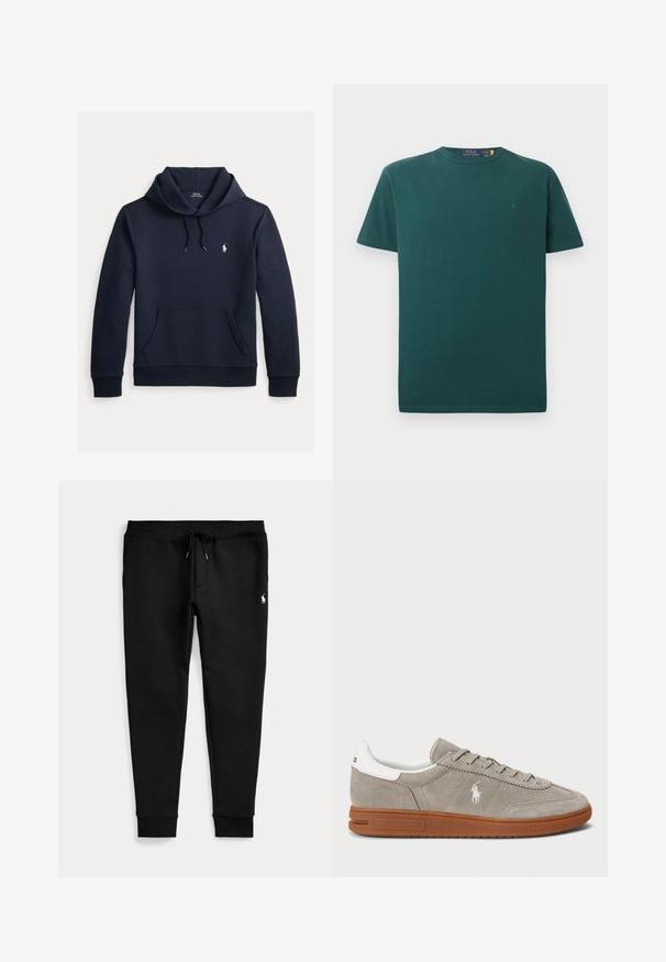 Tmavomodrá mikina s kapucňou so šnúrkou, predným klokanie vreckom, dlhými rukávmi a malým bielym logom Polo Ralph Lauren na hrudi.; Tmavo zelené bavlnené tričko s okrúhlym výstrihom a krátkymi rukávmi. Obsahuje malé vyšívané logo na ľavej strane hrude. Hladká textúra, klasický strih.; Čierne jogger nohavice so zaviazanými členkami, sťahovacím pásom, bočnými vreckami a malým bielym logom hráča polu na pravej stehne.; Sivé semišové tenisky s bielymi koženými detailmi, okrúly špička, tónové šnúrky a hnedá kaučuková podrážka. Obsahuje vyšívané logo na boku.