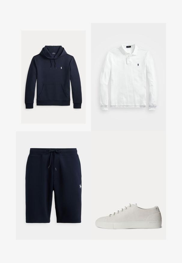 Tmavomodrá mikina s kapucňou so šnúrkou, predným klokanie vreckom, dlhými rukávmi a malým bielym logom Polo Ralph Lauren na hrudi.; Biela dlhá polo košeľa s dlhým rukávom vyrobená z bavlny, s klasickým golierom, trojbuttonovou légou a námorníckou logom na ľavej strane hrude.; Tmavomodré atletické šortky z bavlny s elastickým pásom, sťahovacou šnúrkou a logom na ľavej strane. Hladká textúra, dĺžka po kolená.; Biely nízky semišový teniska so šnurovaním vpredu a gumovou podrážkou, minimalistický dizajn.