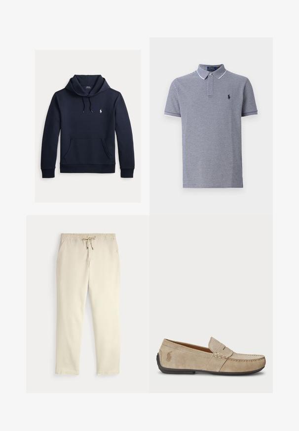 Sudadera con capucha azul navy oscuro con bolsillo canguro delantero, capucha con cordón, mangas largas y pequeño logo blanco de Polo Ralph Lauren en el pecho.; Polo de rayas en azul marino y blanco con mangas cortas, cuello y un pequeño logo en el pecho. Fabricado en algodón con una textura suave.; Pantalones casuales color blanco roto con cinturilla elástica y cordón, piernas rectas y bolsillos laterales sobre un fondo liso.; Mocasines de ante beige con detalle cosido, suela de goma plana y un pequeño logotipo en el lateral. Diseño clásico de slip-on, textura suave.