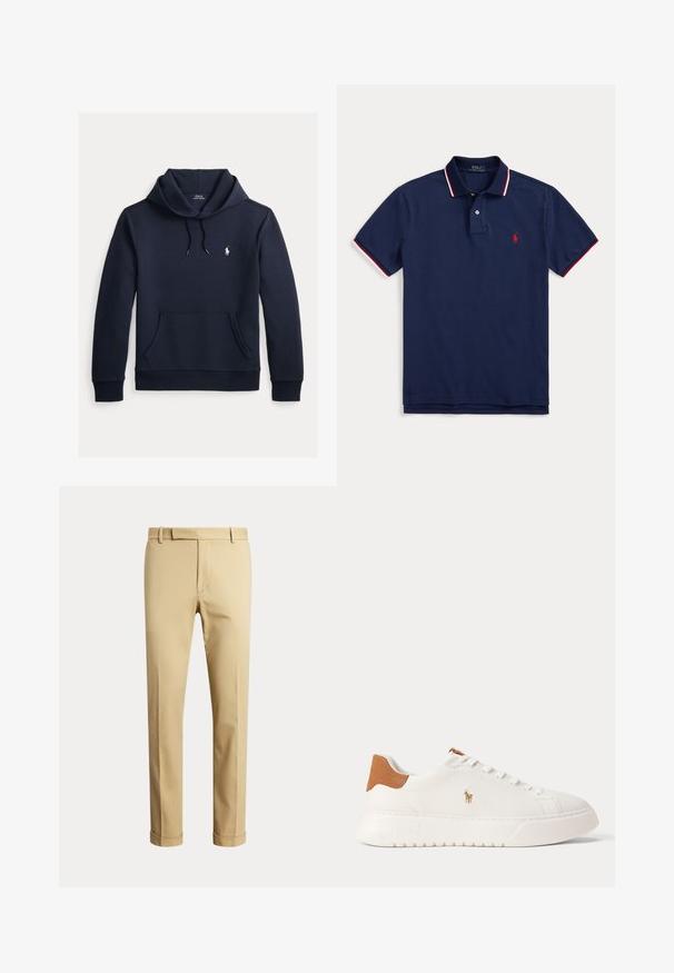 Tmavomodrá mikina s kapucňou so šnúrkou, predným klokanie vreckom, dlhými rukávmi a malým bielym logom Polo Ralph Lauren na hrudi.; Námorná polo košeľa vyrobená z bavlny, s trojitém gombíkom, červeno-bielym pruhovaným golierom a malým vyšitým logom na hrudi.; Béžové nohavice s rovnými nohavicami, pútkami na opasok, predným zipsom a ohrnutými lemami, zobrazené na jednofarebnom svetlom pozadí.; Biely nízky teniska s béžovou pätovou záložkou, bielymi šnúrkami a malým vyšívaným logom hráča póla na boku nad tlustou podrážkou.