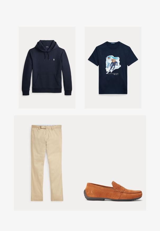 Donker marineblauwe hoodie met voorkangoeroezak, capuchon met trekkoord, lange mouwen en klein wit Polo Ralph Lauren-logo op de borst.; Marineblauw katoenen T-shirt met een afbeelding van een beer die skiet, een skibril draagt, met een helikopter erboven en besneeuwde bergen op de achtergrond.; Beige broek met rechte pijpen, ceintuurlussen en een voorrits, plat gelegd tegen een witte achtergrond.; Bruine suède herensloffen met stikseldetails, een gleuf voor munten op het bovenwerk en een donkere rubberen zool.