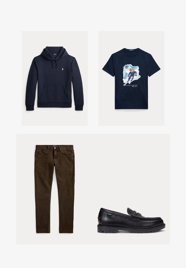 Sudadera con capucha azul navy oscuro con bolsillo canguro delantero, capucha con cordón, mangas largas y pequeño logo blanco de Polo Ralph Lauren en el pecho.; Camiseta de algodón azul marino con un gráfico de un oso esquiando, con gafas de protección, un helicóptero arriba y montañas nevadas al fondo.; Vaqueros ajustados de color marrón oscuro con cinco bolsillos, cierre de botón y cremallera, y etiquetas visibles de la marca Polo en la cintura y el bolsillo delantero.; Mocasín de cuero negro con suela gruesa estriada y pequeña etiqueta verde "Polo" en el lado exterior cerca del talón.