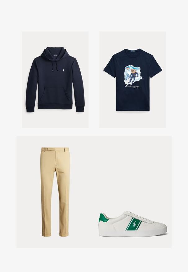Tmavomodrá mikina s kapucňou so šnúrkou, predným klokanie vreckom, dlhými rukávmi a malým bielym logom Polo Ralph Lauren na hrudi.; Tmavomodré bavlnené tričko s grafikou medveďa na lyžiach, ktorý má na očiach okuliare, s vrtuľníkom nad ním a zasneženými horami v pozadí.; Béžové nohavice s rovnými nohavicami, pútkami na opasok, predným zipsom a ohrnutými lemami, zobrazené na jednofarebnom svetlom pozadí.; Biele nízke tenisky s zeleným pruhom a logom Polo na boku, zelený jazyk na päte a biele šnúrky, zobrazené z ľavej strany na jednoduchom pozadí.