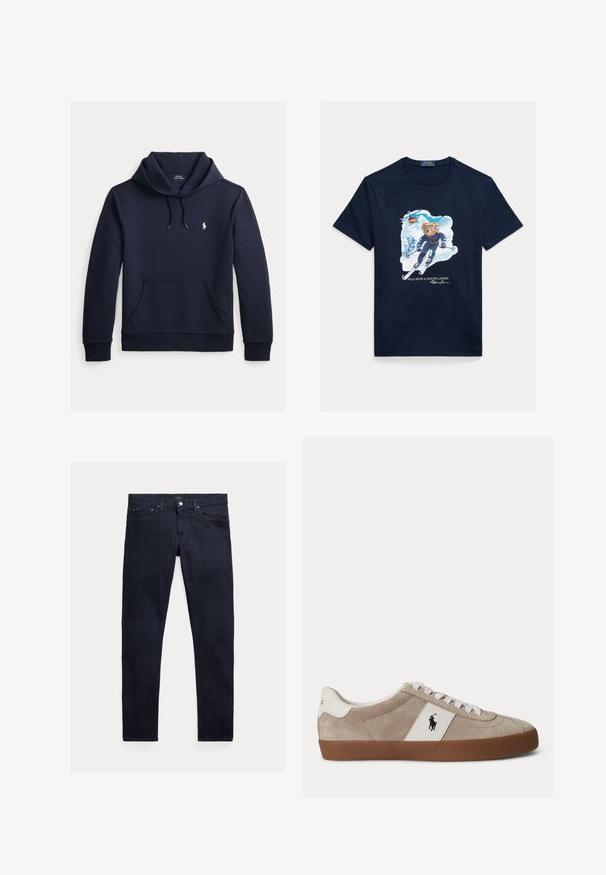 Donker marineblauwe hoodie met voorkangoeroezak, capuchon met trekkoord, lange mouwen en klein wit Polo Ralph Lauren-logo op de borst.; Marineblauw katoenen T-shirt met een afbeelding van een beer die skiet, een skibril draagt, met een helikopter erboven en besneeuwde bergen op de achtergrond.; Donkerblauwe spijkerbroek met een slanke pasvorm. Voorzien van vijf zakken, een ritssluiting en een metalen knoopsluiting. Soepele textuur met minimale vervaging.; Beige suède lage sneaker met witte veters, wit lederen accent met zwart paardenlogo en een bruine rubberen zool.