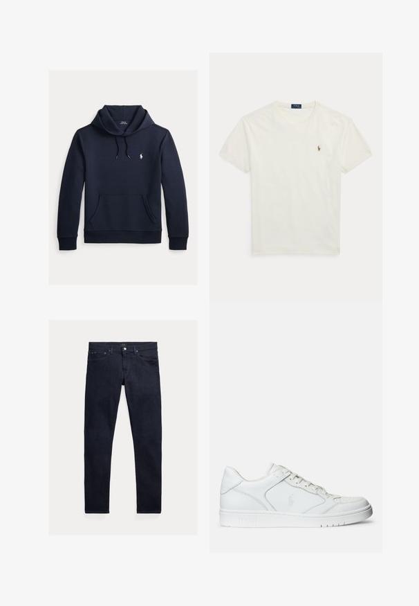 Tume merevärvi kapuutsiga dressipluus esiküljel kengurutasku, kapuuts nööriga, pikad varrukad ja väike valge Polo Ralph Laureni logo rinnal.; Valge lühikeste varrukatega puuvillane T-särk ümara kaelusega, vasakul rinnal väike Polo Ralph Laureni tikitud logo.; Tumesinised teksapüksid kitsas lõikega. Omavad viit taskut, lukuga sulgemist ja metallist nööbi kinnitust. Sile tekstuur minimaalse pleekimisega.; Valged nahast spordijalatsid siledast materjalist, millel on ventilatsiooniga varvas, paelad ja kõrvale brodeeritud logo. Valge kummitald.