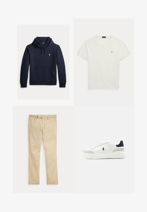 Tmavomodrá mikina s kapucňou so šnúrkou, predným klokanie vreckom, dlhými rukávmi a malým bielym logom Polo Ralph Lauren na hrudi.; Biele krátke bavlnené tričko s okrúhlym výstrihom, malé vyšívané logo Polo Ralph Lauren na ľavej strane hrudníka.; Béžové nohavice s rovnými nohavicami, s pútkami na opasok a predným zipsom, položené na bielom pozadí.; Biela tenisková obuv s nízkym strihom, s čiernou pätkou, sivými semišovými detailmi, hrubou podrážkou a čiernym logom Polo na vonkajšej strane.