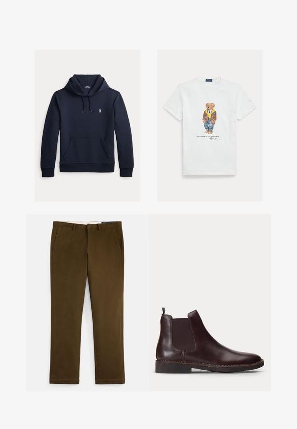 Dunkel marineblauer Kapuzenpullover mit vorderer Kängurutasche, Kapuzenkordel, langen Ärmeln und kleinem weißen Polo Ralph Lauren Logo auf der Brust.; Weißes Baumwoll-T-Shirt mit einer Grafik eines gekleideten Cartoon-Bären. Auffällige Details sind eine braune Jacke, eine gelbe Kapuzenjacke und blaue Jeans.; Braune Baumwoll-Chinos mit glattem Finish, flacher Vorderseite, Seitentaschen und geraden Beinen. Mit einem dezenten Stichausführungsdetail entlang der Säume.; Dunkelbrauner Leder Chelsea-Stiefel mit elastischem Seitenpaneel und niedrigem Absatz, im Profil vor weißem Hintergrund gezeigt.