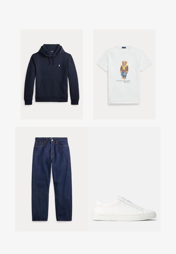 Tmavomodrá mikina s kapucňou so šnúrkou, predným klokanie vreckom, dlhými rukávmi a malým bielym logom Polo Ralph Lauren na hrudi.; Biele bavlnené tričko s grafikou oblečeného kresleného medveďa. Výrazné detaily zahŕňajú hnedú bundu, žltú mikinu s kapucňou a modré džínsy.; Tmavomodré riflové nohavice s priamymi nohavicami, piatimi vreckami, zapínaním na gombíky a viditeľným šitím.; Biele kožené tenisky s hladkým povrchom, zaobleným tvarom, plochou gumenou podrážkou a bielymi šnúrkami. Majú minimalistický dizajn a nenápadné branding.
