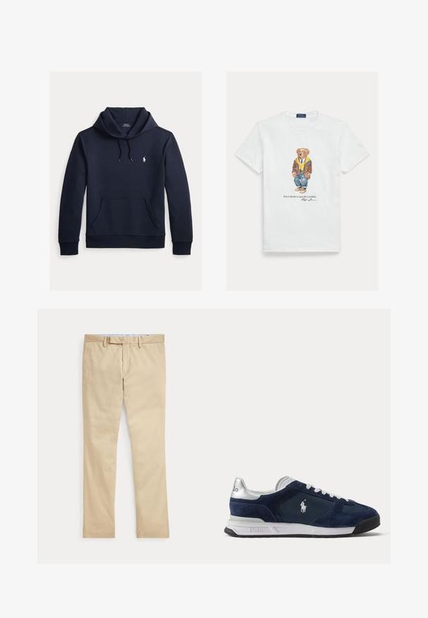 Tmavomodrá mikina s kapucňou so šnúrkou, predným klokanie vreckom, dlhými rukávmi a malým bielym logom Polo Ralph Lauren na hrudi.; Biele bavlnené tričko s grafikou oblečeného kresleného medveďa. Výrazné detaily zahŕňajú hnedú bundu, žltú mikinu s kapucňou a modré džínsy.; Béžové nohavice s rovnými nohavicami, s pútkami na opasok a predným zipsom, položené na bielom pozadí.; Pánska Polo teniska v námorníckej modrej a bielej farbe s semišovými a sieťovinovými panelmi, bielymi šnúrkami a logom Polo na boku a päte.
