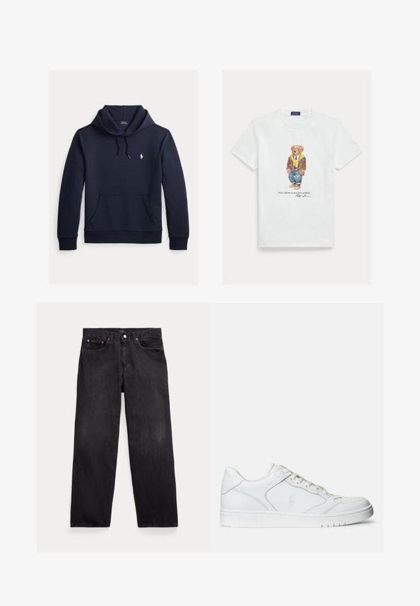 Dunkel marineblauer Kapuzenpullover mit vorderer Kängurutasche, Kapuzenkordel, langen Ärmeln und kleinem weißen Polo Ralph Lauren Logo auf der Brust.; Weißes Baumwoll-T-Shirt mit einer Grafik eines gekleideten Cartoon-Bären. Auffällige Details sind eine braune Jacke, eine gelbe Kapuzenjacke und blaue Jeans.; Schwarze Jeans mit geradem Bein, fünf Taschen, Knopfverschluss und sichtbaren Metallnieten an den vorderen Taschen.; Weißer Ledersneaker mit glatter Textur, ausgestattet mit einer perforierten Zehenpartie, Schnürverschluss und gesticktem Logo an der Seite. Weiße Gummisohle.