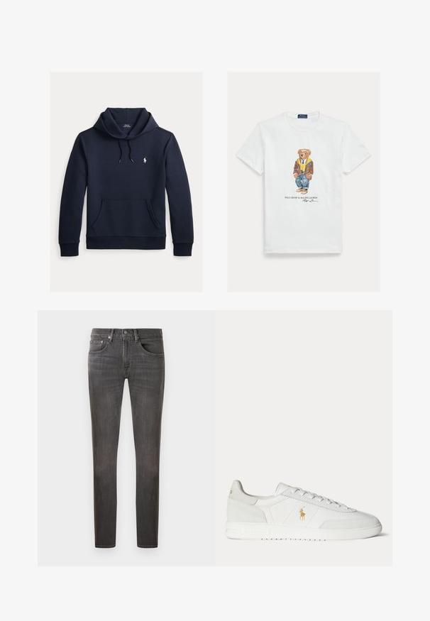 Dunkel marineblauer Kapuzenpullover mit vorderer Kängurutasche, Kapuzenkordel, langen Ärmeln und kleinem weißen Polo Ralph Lauren Logo auf der Brust.; Weißes Baumwoll-T-Shirt mit einer Grafik eines gekleideten Cartoon-Bären. Auffällige Details sind eine braune Jacke, eine gelbe Kapuzenjacke und blaue Jeans.; Dunkelgraue Denim-Jeans mit klassischer Passform, fünf Taschen-Design und subtilen Waschungseffekten, mit Knopfverschluss und Reißverschluss.; Weißer Sneaker in niedriger Ausführung mit Schnürdesign, goldenem Polo Ralph Lauren Logo an der Seite und strukturierter Sohle auf einfarbigem Hintergrund.