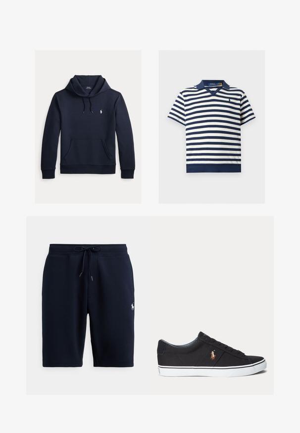Donker marineblauwe hoodie met voorkangoeroezak, capuchon met trekkoord, lange mouwen en klein wit Polo Ralph Lauren-logo op de borst.; Navyblauw-witte polo met korte mouwen en horizontale strepen, met een kraag en een klein geborduurd logo op de linkerborst.; Marineblauwe katoenen sportshorts met een elastische tailleband, trekkoord en logo-accent aan de linkerkant. Gladde textuur, tot aan de knieën.; Zwarte lage sneaker met witte rubberen zool en geborduurd bruin paardenlogo aan de zijkant.
