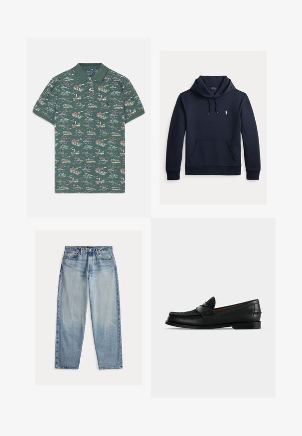 Donker marineblauwe hoodie met voorkangoeroezak, capuchon met trekkoord, lange mouwen en klein wit Polo Ralph Lauren-logo op de borst.; Korte mouwen polo in donkergroene katoen met een schilderachtige print van huizen, boten en bomen; voorzien van een drieknoopsluiting en een geribbelde kraag.; Lichtblauwe spijkerbroek met een ontspannen pasvorm. Voorzien van een hoge taille, vijf zakken en zichtbare stiksels. Het oppervlak is lichtjes getextureerd.; Zwarte leren herensloffen met een geweven bovenkant en lage hak, zijaanzicht op een effen witte achtergrond.
