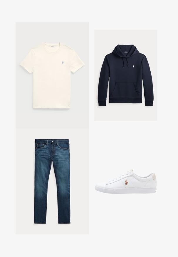 Dunkel marineblauer Kapuzenpullover mit vorderer Kängurutasche, Kapuzenkordel, langen Ärmeln und kleinem weißen Polo Ralph Lauren Logo auf der Brust.; Cremfarbener Baumwoll-T-Shirt mit Rundkragen und kurzen Ärmeln. Verfügt über ein kleines, blaues gesticktes Logo auf der linken Brust.; Dunkelblaue Slim-Fit-Jeans mit vorderem Knopf und Reißverschluss, fünf Taschen sowie dezenter Verfärbung an den vorderen Oberschenkeln und Knien.; Weiße Leinensneaker im Low-Top-Design mit einem beigen Ferseneinsatz und einem kleinen gestickten Logo an der Seite. Gummisohle.