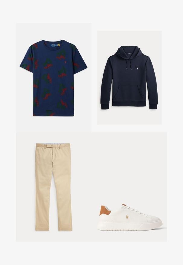 Tume merevärvi kapuutsiga dressipluus esiküljel kengurutasku, kapuuts nööriga, pikad varrukad ja väike valge Polo Ralph Laureni logo rinnal.; Tumed sinine puuvillane T-särk, millel on korduvad rohelised 'P' ja punased tiivulised kingade graafikad, ümmargune kaelus, mugav lõige ja lühikesed varrukad.; Beeži sirgete säärega püksid vööaasade ja ees oleva tõmblukuga, laotatud tasaselt valgele taustale.; Valged madala säärega tossud, pruun kannaosa, valged paelad ja väike tikandiga polo mängija logo külje peal paksu taldmiku kohal.