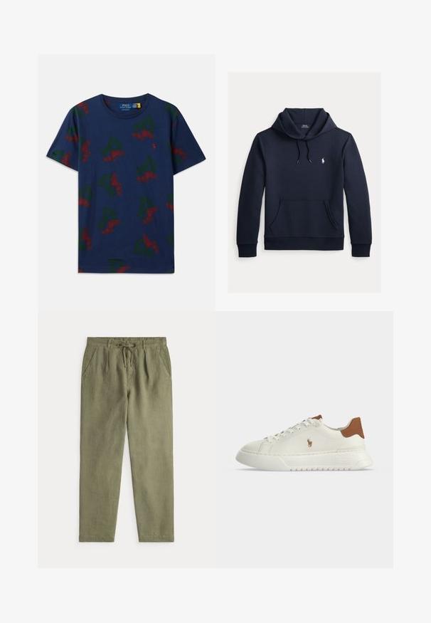 Tmavomodrá mikina s kapucňou so šnúrkou, predným klokanie vreckom, dlhými rukávmi a malým bielym logom Polo Ralph Lauren na hrudi.; Námornícka modrá bavlnená tričko s opakovanými zelenými grafikami "P" a červenými krídlovými topánkami, dizajn s okrúhlym výstrihom, voľný strih a krátke rukávy.; Svetlo olivovo zelené bežné nohavice s elastickým pásom a šnúrkou, so bočnými vreckami a voľným strihom rovnými nohavicami.; Biely nízky teniska s hnedou pätkou, šnurovaním vpredu, hrubou podrážkou a malým vyšívaným logom koňa na boku.