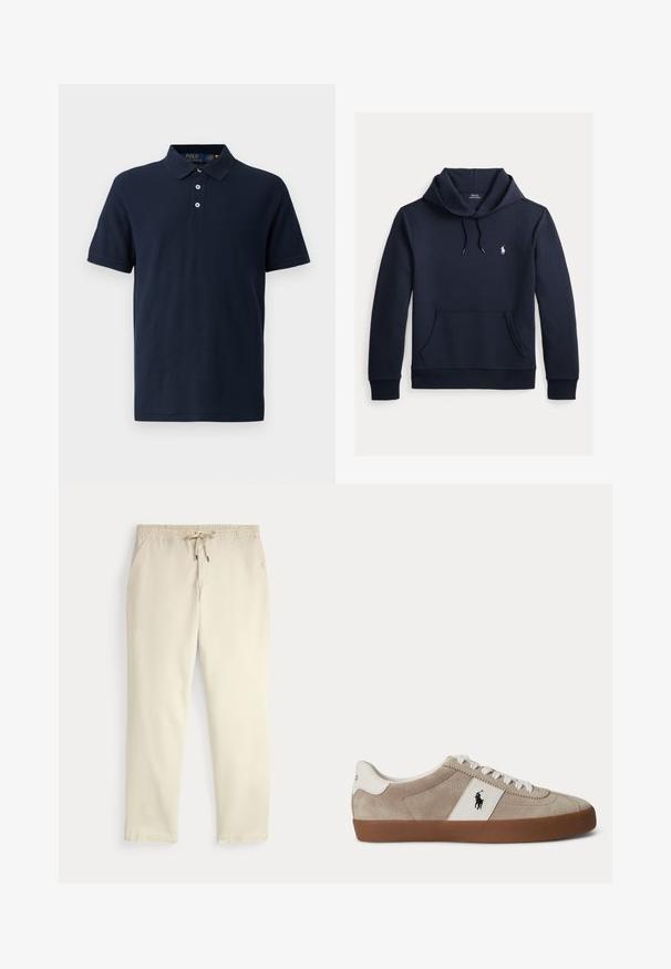 Tume merevärvi kapuutsiga dressipluus esiküljel kengurutasku, kapuuts nööriga, pikad varrukad ja väike valge Polo Ralph Laureni logo rinnal.; Tumesine polo särk, millel on krae, lühikesed varrukad, kolme nupuga plack ja kontrastne sisekrae detail. Valmistatud tekstureeritud puuvillakangast.; Kreemjatavad vabaaja püksid elastse vöökoha ja tõmbluku, sirgete jalgade ja küljetaskutega tavalise tausta ees.; Beežid seemisnahast madala säärega tossud valgete paelte, valge nahkdetaili ja musta hobuse logoga ning pruunast kummist tallaga.