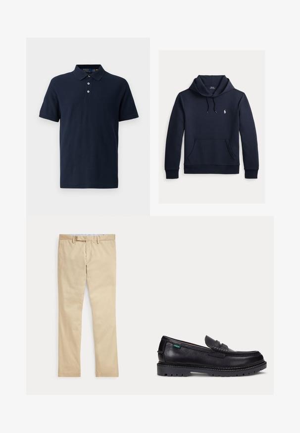 Tmavomodrá mikina s kapucňou so šnúrkou, predným klokanie vreckom, dlhými rukávmi a malým bielym logom Polo Ralph Lauren na hrudi.; Námornícka polo košela s golierom, krátkymi rukávmi, zapínaním na tri gombíky a kontrastným detailom vnútornej časti goliera. Vyrobená z textúrovanej bavlnenej tkaniny.; Béžové nohavice s rovnými nohavicami, s pútkami na opasok a predným zipsom, položené na bielom pozadí.; Čierny kožený mokasín s hrubou drsnou podrážkou a malou zelenou značkou "Polo" na vonkajšej strane pri päte.