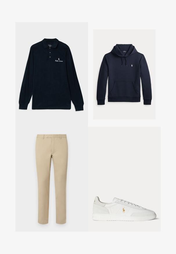 Tummansininen huppari, jossa on edessä kengurutasku, kiristysnauha hupussa, pitkät hihat ja pieni valkoinen Polo Ralph Lauren -logo rinnassa.; T-paita pitkällä hihalla, tummansininen, valmistettu puuvillasta, jossa on kaulus, kolme nappia ja valkoiseksi brodeerattu "Ralph Lauren" -logo, jossa on hevonen.; Beige puuvillahousut suoraan leikkauksella, joissa on vyölenkit, tasainen etuosa ja räätälöidyt helmat. Silkka tekstuuria ja minimaalista yksityiskohtaa.; Valkoinen matala kenkäinen tennari nyörityksellä, kultainen Polo Ralph Lauren -logo sivulla ja kuvioitu pohja tasaisella taustalla.