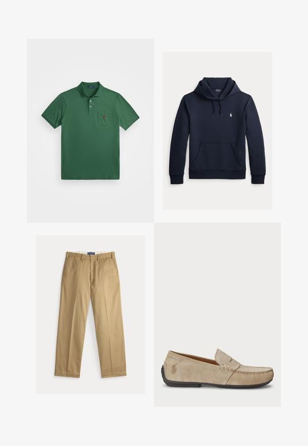 Tmavomodrá mikina s kapucňou so šnúrkou, predným klokanie vreckom, dlhými rukávmi a malým bielym logom Polo Ralph Lauren na hrudi.; Zelená polo košeľa vyrobená z bavlneného zmesi, s golierom, trojbuttonovou légou a náprsného vrecka s malým červeným logom.; Béžové chino nohavice z bavlnenej tkaniny. Strih s rovnými nohavicami, s hladkým predným dielom, dvomi bočnými vreckami a pásom so zapínaním na gombík.; Béžové semišové mokasíny s prešívaním, plochou gumenou podrážkou a malým logom na strane. Klasický dizajn na obúvanie, mäkká textúra.