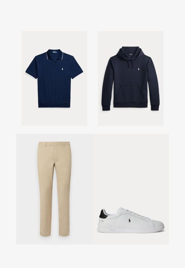 Sudadera con capucha azul navy oscuro con bolsillo canguro delantero, capucha con cordón, mangas largas y pequeño logo blanco de Polo Ralph Lauren en el pecho.; Polo azul marino de algodón, con cuello en v, mangas cortas, ribetes blancos en el cuello y las mangas, y un pequeño logo en el pecho.; Pantalones de algodón beige con corte recto, que cuentan con presillas para cinturón, frente plano y dobladillos ajustados. Textura suave y detalles mínimos.; Zapatilla blanca de corte bajo con lengüeta trasera negra, cordones y logo de Polo Ralph Lauren en el lateral, con detalles en relieve en la suela.