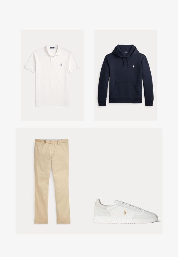 Dunkel marineblauer Kapuzenpullover mit vorderer Kängurutasche, Kapuzenkordel, langen Ärmeln und kleinem weißen Polo Ralph Lauren Logo auf der Brust.; Weißes Polo Ralph Lauren Kurzarmhemd mit Kragen, Zweiknopfleiste und kleinem dunkelblau besticktem Pferdelogo auf der linken Brust.; Beige gerade Hose mit Gürtelschlaufen und einem vorderen Reißverschluss, flach auf weißem Hintergrund gelegt.; Weißer Sneaker in niedriger Ausführung mit Schnürdesign, goldenem Polo Ralph Lauren Logo an der Seite und strukturierter Sohle auf einfarbigem Hintergrund.