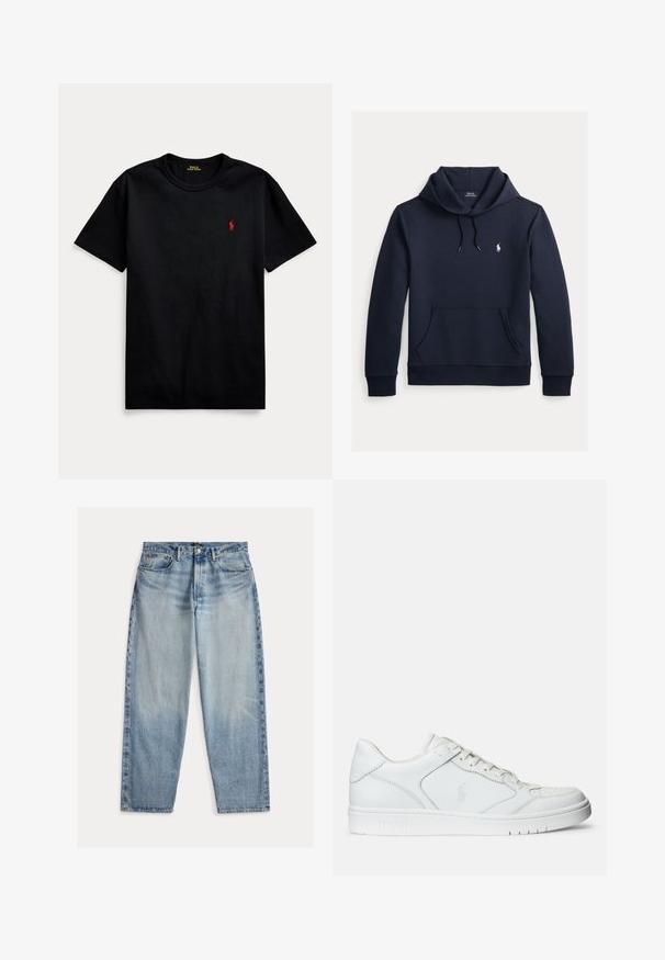 Dunkel marineblauer Kapuzenpullover mit vorderer Kängurutasche, Kapuzenkordel, langen Ärmeln und kleinem weißen Polo Ralph Lauren Logo auf der Brust.; Schwarzes Baumwoll-T-Shirt mit kurzen Ärmeln, Rundhalsausschnitt und kleinem roten gestickten Logo auf der linken Brust. Glatte Textur, lässiges Design.; Hellblaue Jeans aus Denim mit lockerem Schnitt. Sie haben eine hohe Taille, fünf Taschen und sichtbare Nähte. Die Oberfläche ist leicht strukturiert.; Weißer Ledersneaker mit glatter Textur, ausgestattet mit einer perforierten Zehenpartie, Schnürverschluss und gesticktem Logo an der Seite. Weiße Gummisohle.