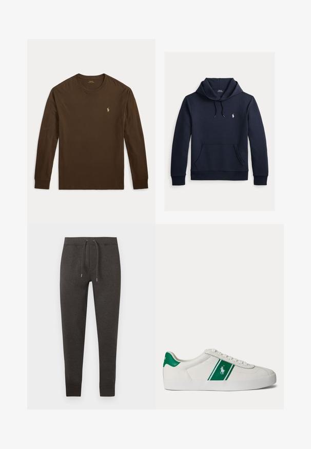 Tmavomodrá mikina s kapucňou so šnúrkou, predným klokanie vreckom, dlhými rukávmi a malým bielym logom Polo Ralph Lauren na hrudi.; Hnedé tričko s dlhým rukávom vyrobené z bavlny. Má okrúhly výstrih a malú zlatú logo na ľavej strane hrudníka. Jemná textúra.; Tmavomodré tepláky z mäkkého materiálu, s elastickým pásom na šnúrku, zužujúcimi sa nohavicami a manžetami pri členkoch.; Biele nízke tenisky s zeleným pruhom a logom Polo na boku, zelený jazyk na päte a biele šnúrky, zobrazené z ľavej strany na jednoduchom pozadí.
