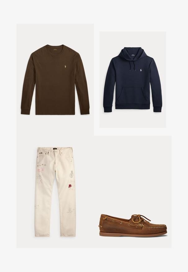 Tmavomodrá mikina s kapucňou so šnúrkou, predným klokanie vreckom, dlhými rukávmi a malým bielym logom Polo Ralph Lauren na hrudi.; Hnedé tričko s dlhým rukávom vyrobené z bavlny. Má okrúhly výstrih a malú zlatú logo na ľavej strane hrudníka. Jemná textúra.; Béžové nohavice s prednými vreckami a pútkami na opasok s vyblednutými červenými a čiernymi grafickými potlačami a textovými motívmi na oboch nohách.; Hnedá kožená lodná topánka s mokasínovým šitím, detailom šnúrky prestrčenej kovovými očkami a plochou gumovou podrážkou zobrazená z bočného pohľadu.