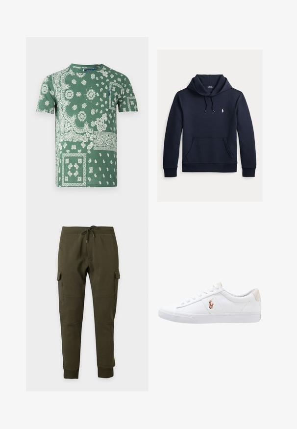 Tume merevärvi kapuutsiga dressipluus esiküljel kengurutasku, kapuuts nööriga, pikad varrukad ja väike valge Polo Ralph Laureni logo rinnal.; Roheline puuvillane T-särk, millel on keerukad valged paisley ja lillemustrid, ümmargune kaelus ja lühikesed varrukad.; Tumerohelised cargo jogger-püksid, millel on nööriga vöökoht, külgmised kaetud taskud, soonilised pahkluumansetid ja põlvede õmbluste detailid ühtlasel taustal.; Valge kanvasest tennis, madala lõikega disain, millel on beež kontsapink ja väike tikitud logo küljel. Kummi välissole.