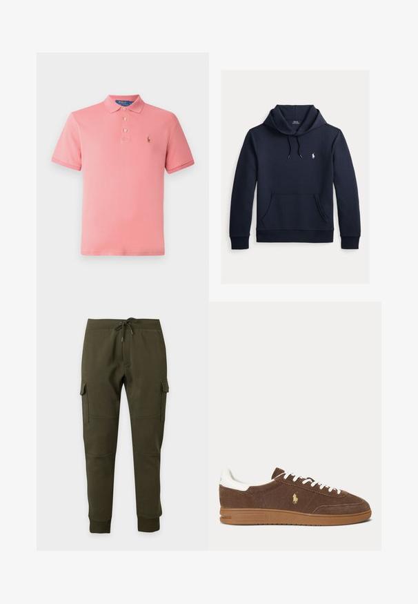 Tume merevärvi kapuutsiga dressipluus esiküljel kengurutasku, kapuuts nööriga, pikad varrukad ja väike valge Polo Ralph Laureni logo rinnal.; Roosa polo särk, mis on valmistatud puuvillast. Omab klassikalist kraed, kolme nupuga paelust ja tikitud logo vasakul rinnal. Lühikesed varrukad.; Tumerohelised cargo jogger-püksid, millel on nööriga vöökoht, külgmised kaetud taskud, soonilised pahkluumansetid ja põlvede õmbluste detailid ühtlasel taustal.; Pruun seemisnahast toss valgete paelte ja kandadega, kummist tallaga ning kuldse Ralph Laureni hobuse logoga küljel.