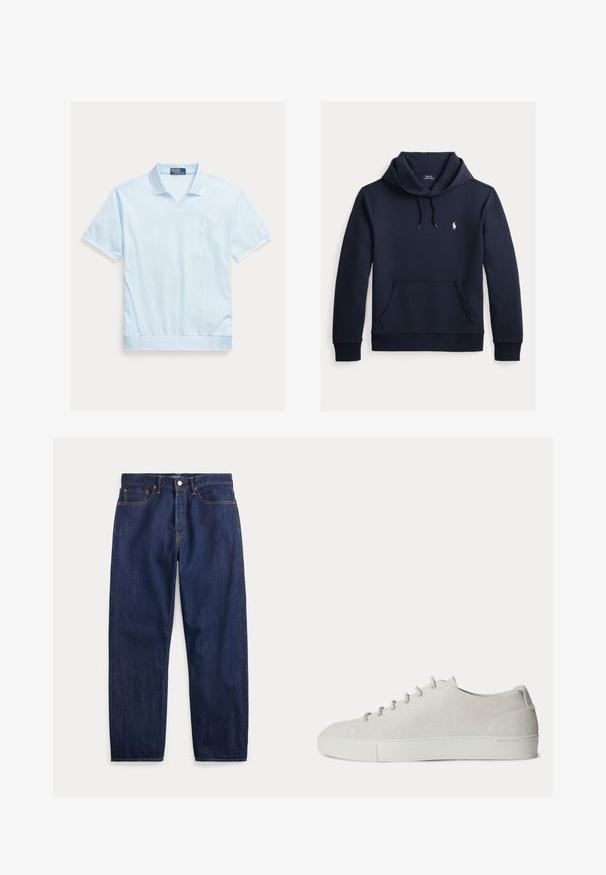 Tume merevärvi kapuutsiga dressipluus esiküljel kengurutasku, kapuuts nööriga, pikad varrukad ja väike valge Polo Ralph Laureni logo rinnal.; Hele sinine polo särk lühikeste varrukatega, V-kaelusega ja soonikkoega kraega. Rinnal väike logo ja keha järgnev alumine serv. Pehme kangast tekstuur.; Tumesinised sirgete säärega teksapüksid, viis taskut, nööpkinnitus ja nähtavad õmblused.; Valged madala servaga seemisnahast tossud esikäe paeltega ja kummipõhjaga, minimalistlik disain.